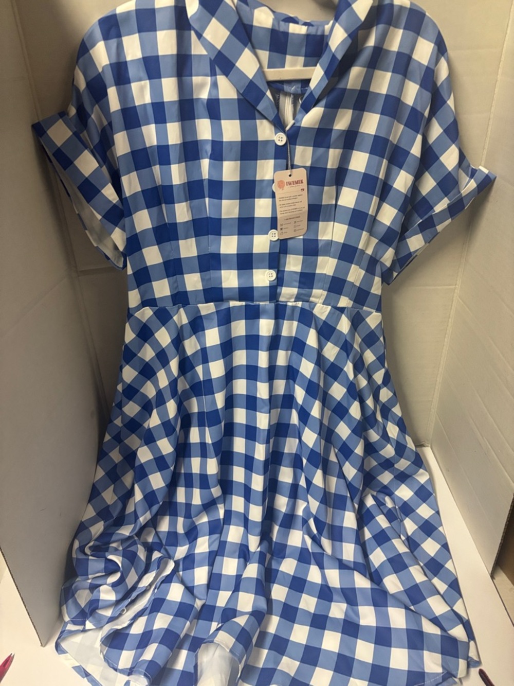 IWEMEK Blue and White Gingham Button-Up  50,s style Dress